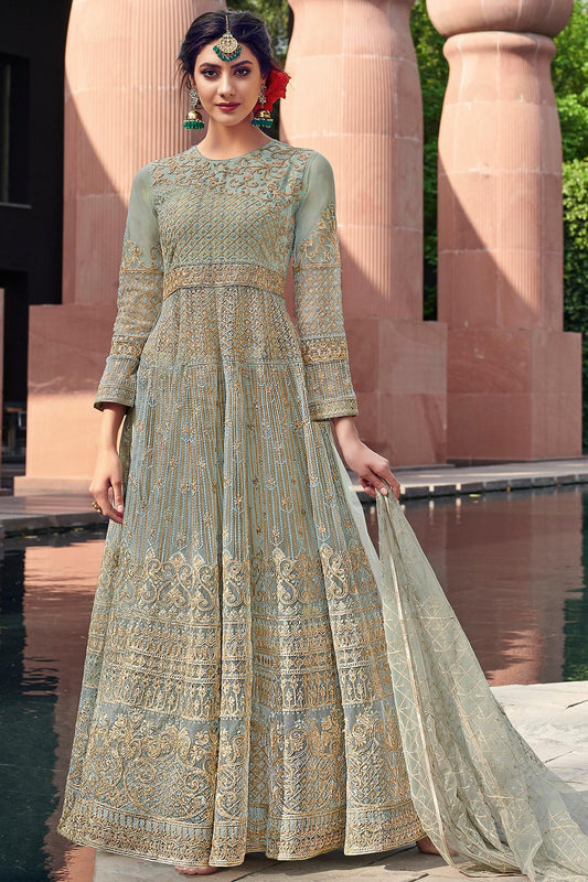 Teal Embroidered Designer Anarkali Suit