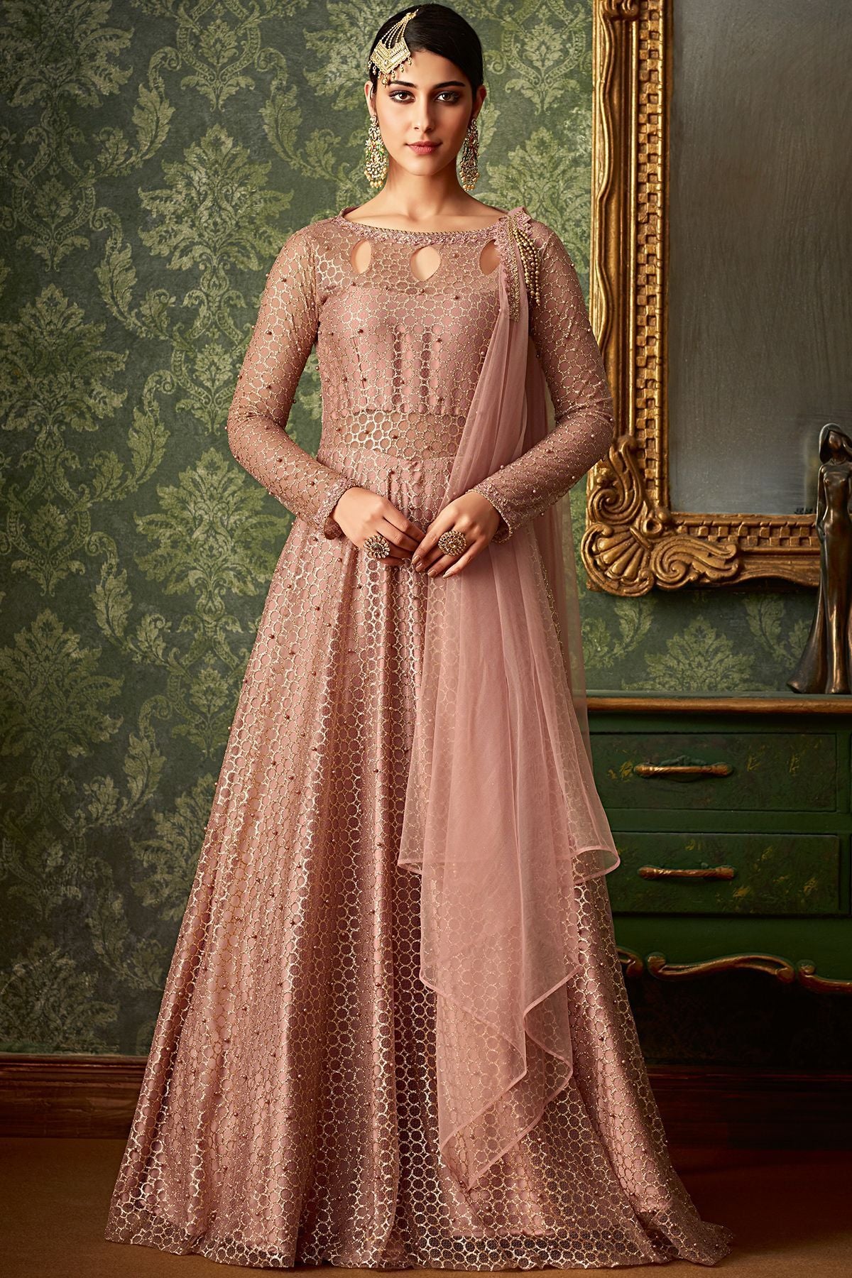 Teal Rose Embroidered Party Wear Anarkali Suit