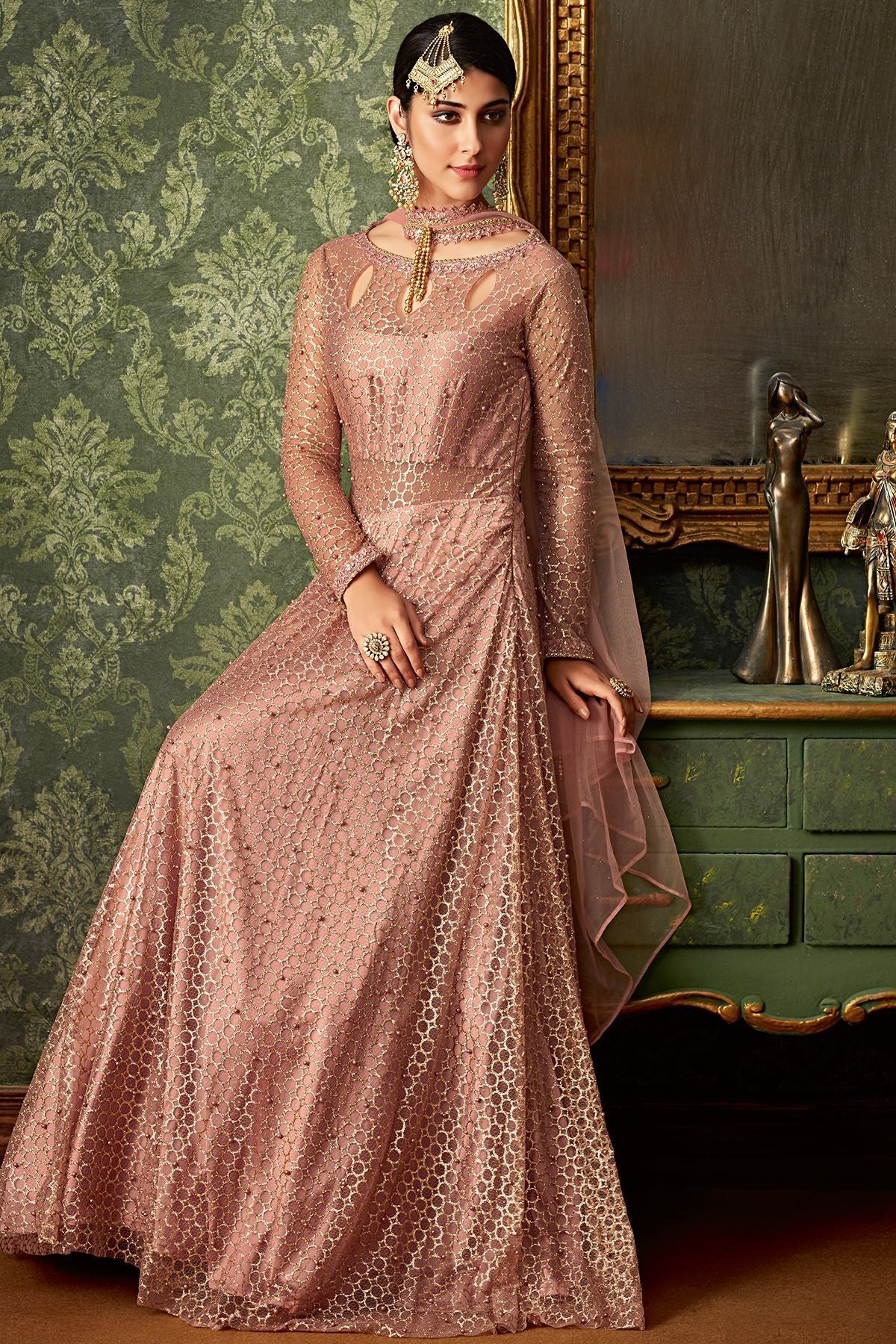Teal Rose Embroidered Party Wear Anarkali Suit
