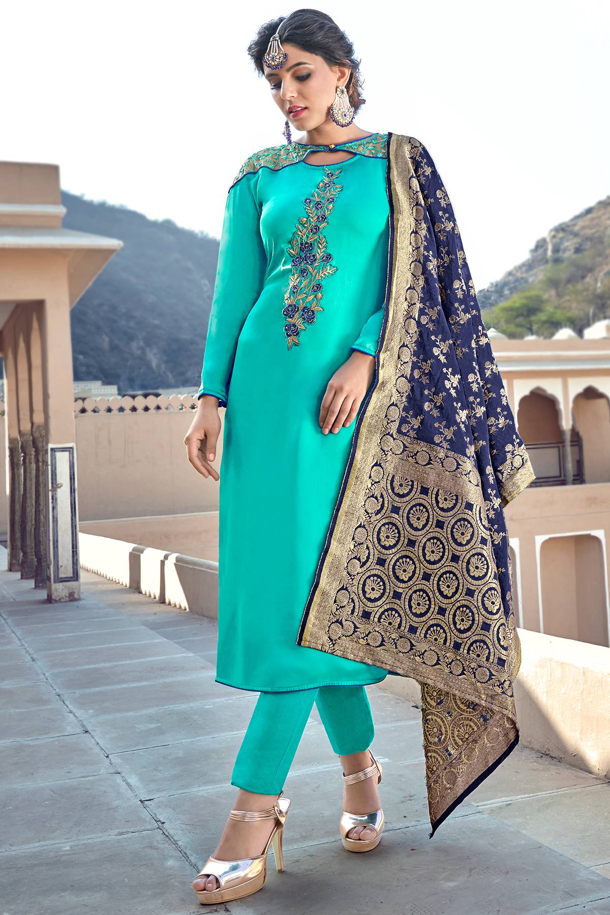 Teal Satin Georgette Designer Straight Suit