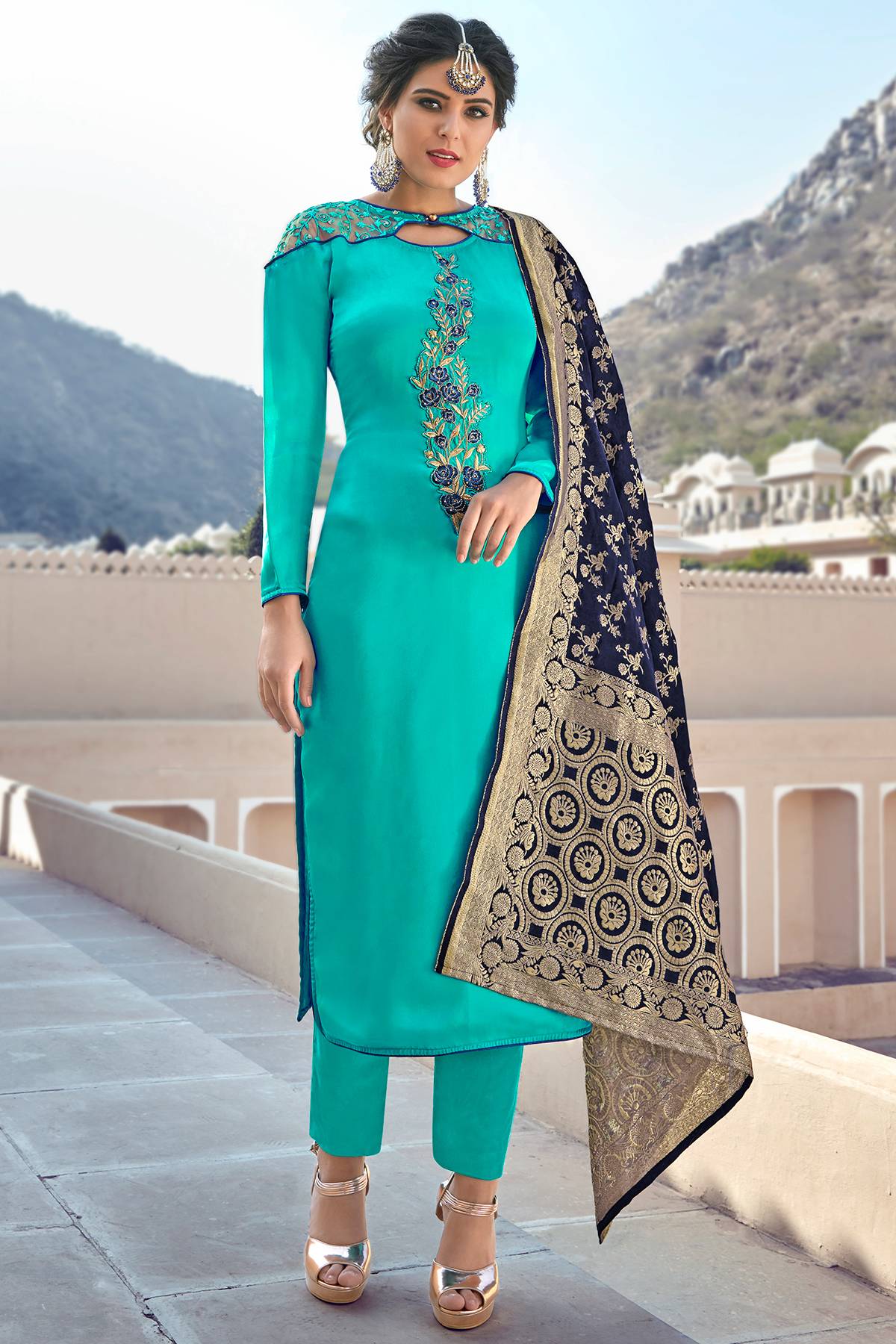 Teal Satin Georgette Designer Straight Suit