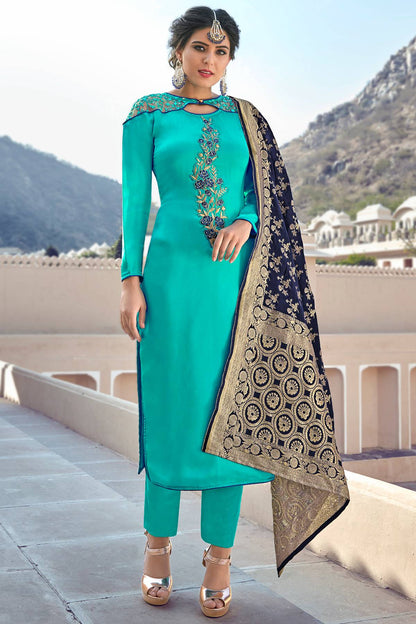 Teal Satin Georgette Designer Straight Suit