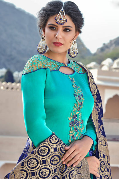 Teal Satin Georgette Designer Straight Suit