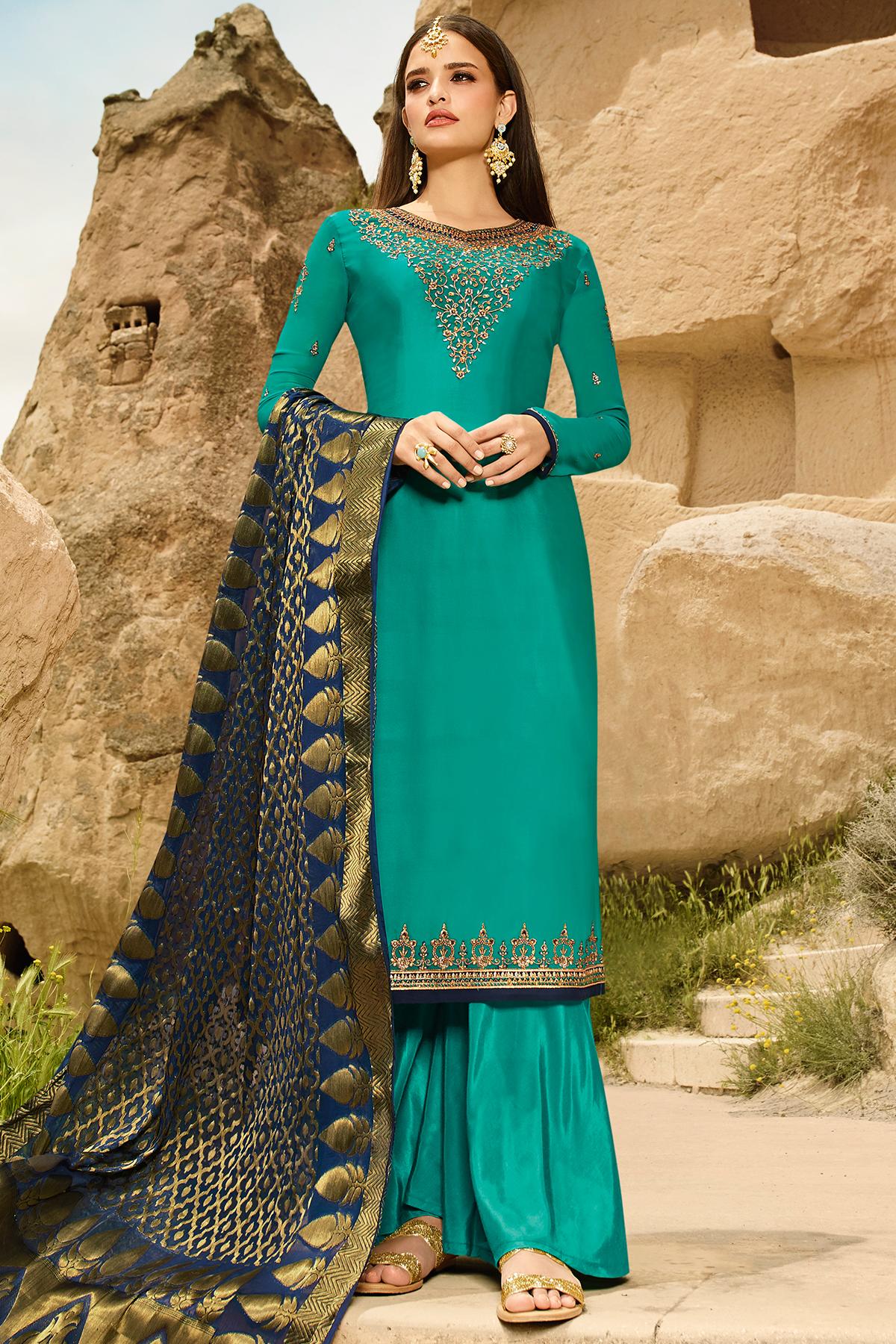 Teal Satin Georgette Palazzo Suit