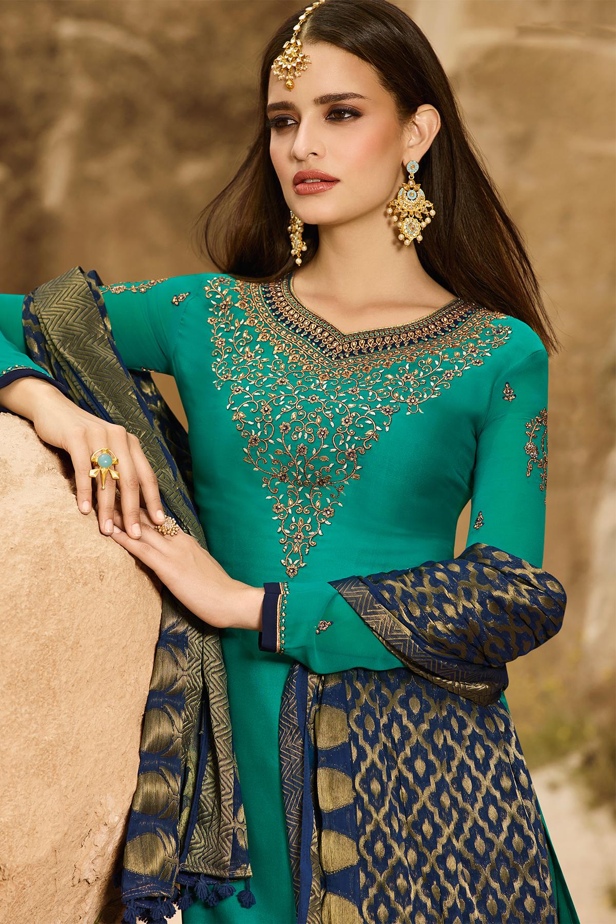 Teal Satin Georgette Palazzo Suit