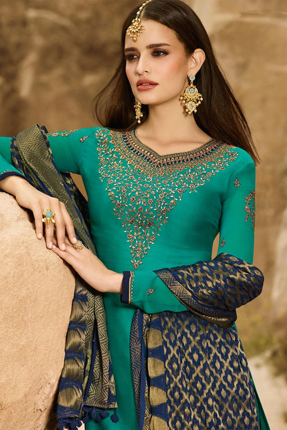Teal Satin Georgette Palazzo Suit