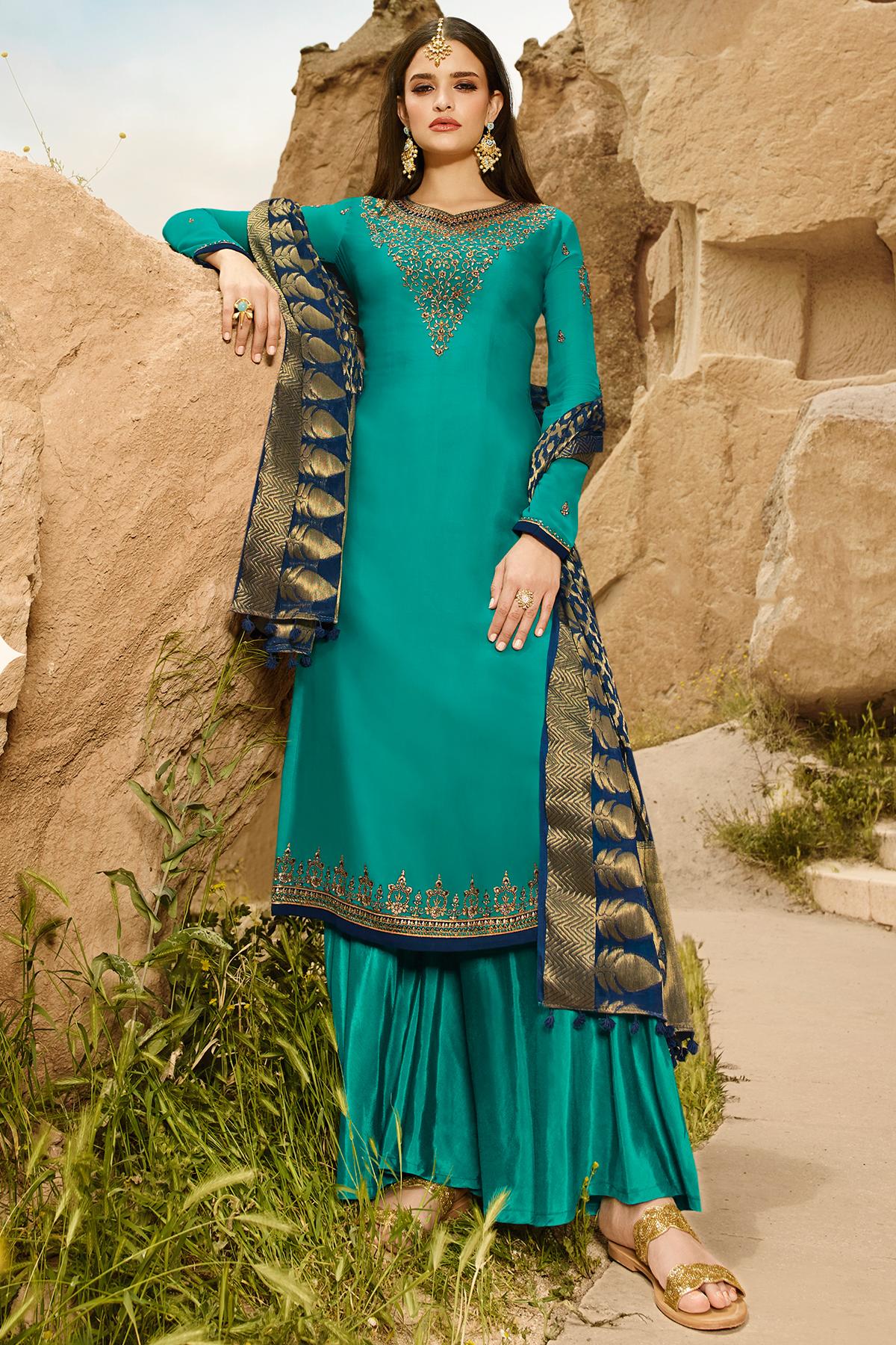 Teal Satin Georgette Palazzo Suit