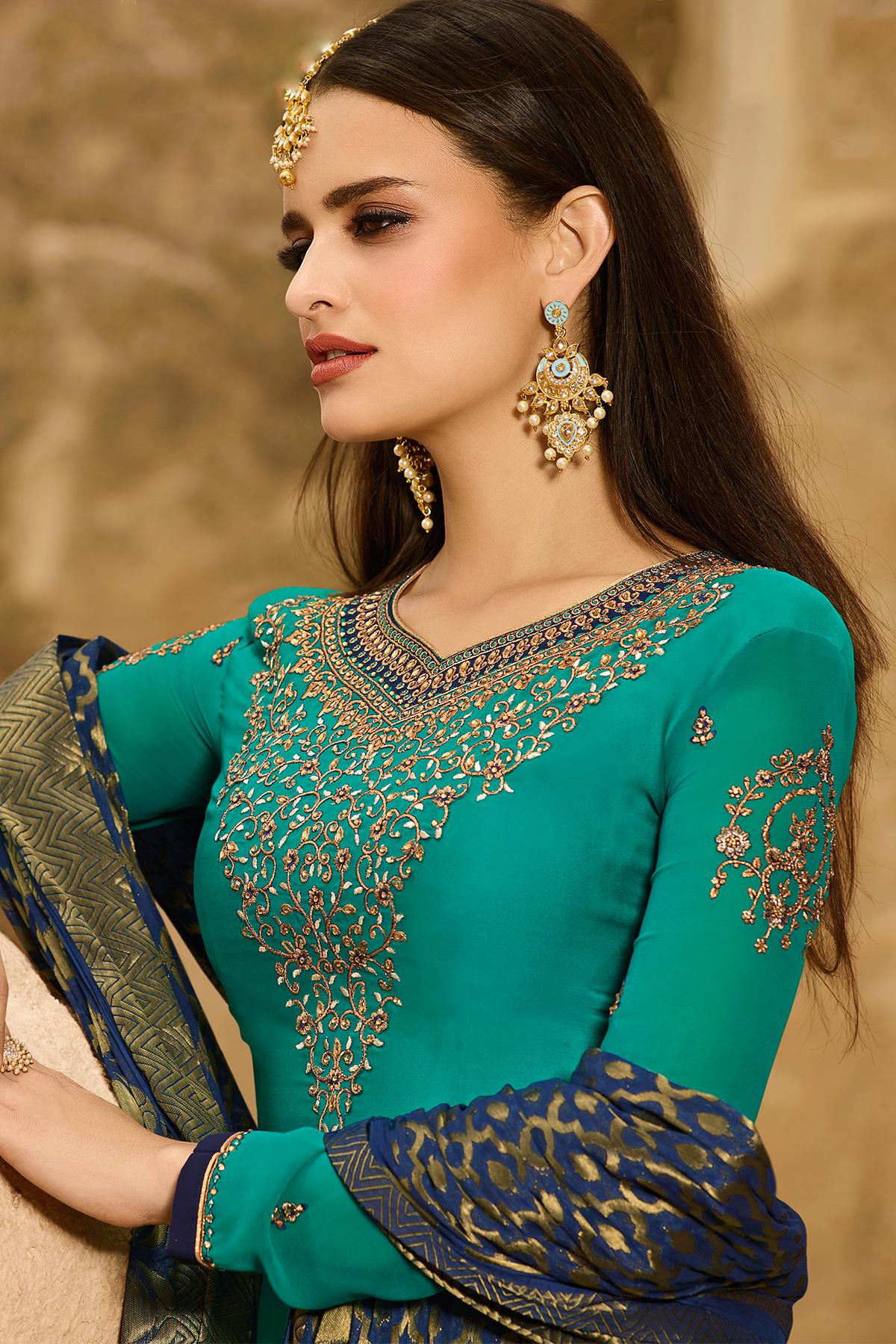 Teal Satin Georgette Palazzo Suit