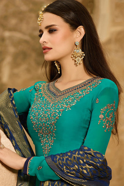 Teal Satin Georgette Palazzo Suit
