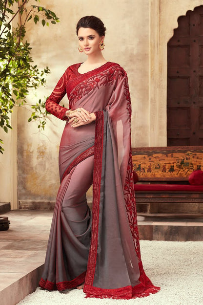Maroon and Gray Party Wear Embellished Saree