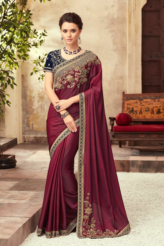 Maroon-Navy Blue Party Wear Embellished Saree