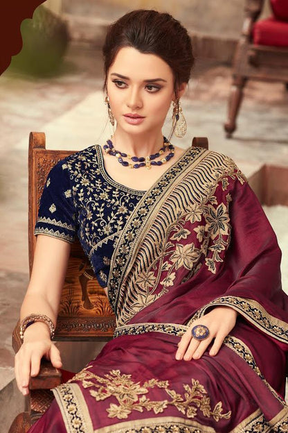 Maroon-Navy Blue Party Wear Embellished Saree