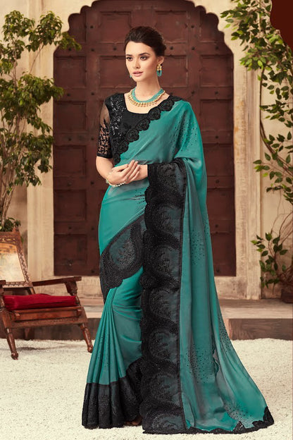 Sea Green and Mid-Night Black Party Wear Embellished Saree