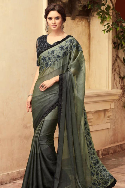 Gray and Mid-Night Black Party Wear Embellished Saree