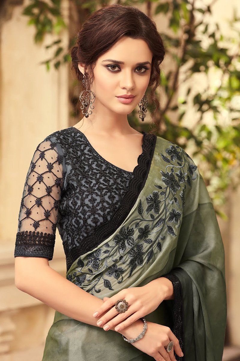 Gray and Mid-Night Black Party Wear Embellished Saree