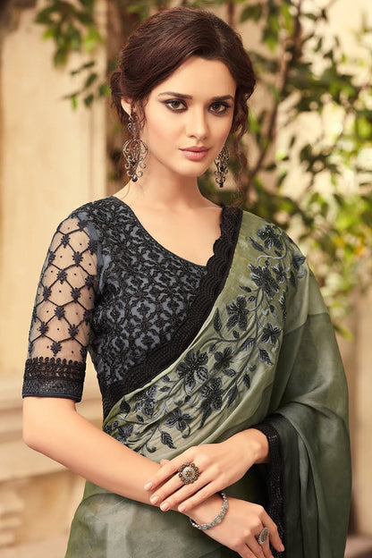 Gray and Mid-Night Black Party Wear Embellished Saree