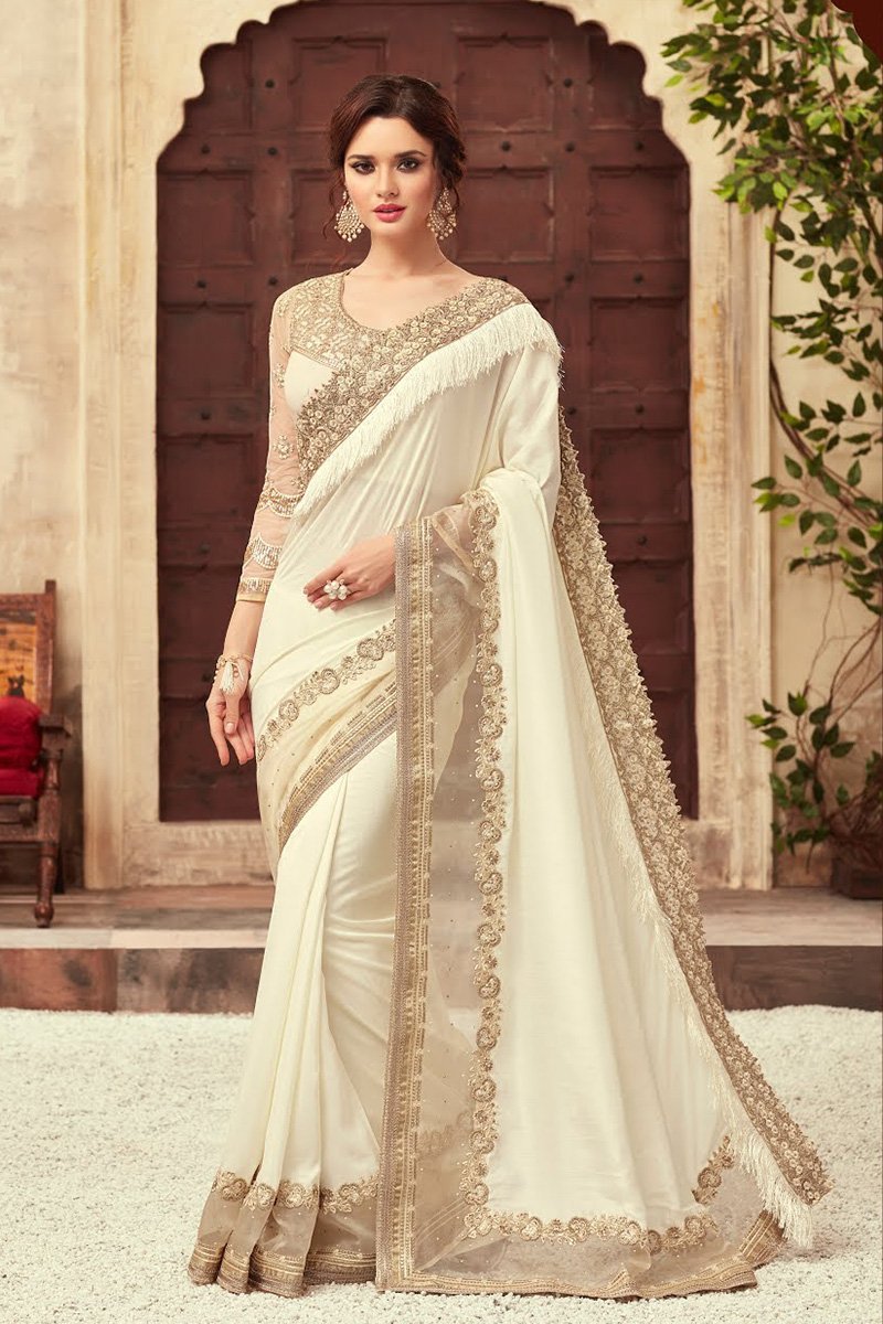 Cream Party Wear Embellished Saree