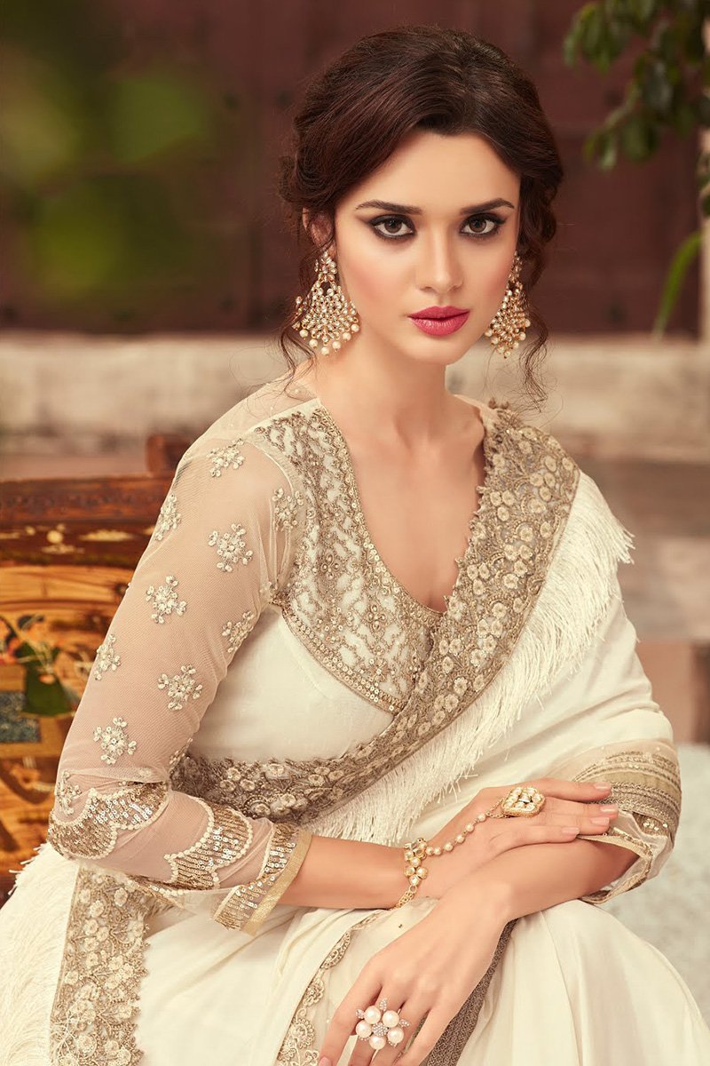 Cream Party Wear Embellished Saree