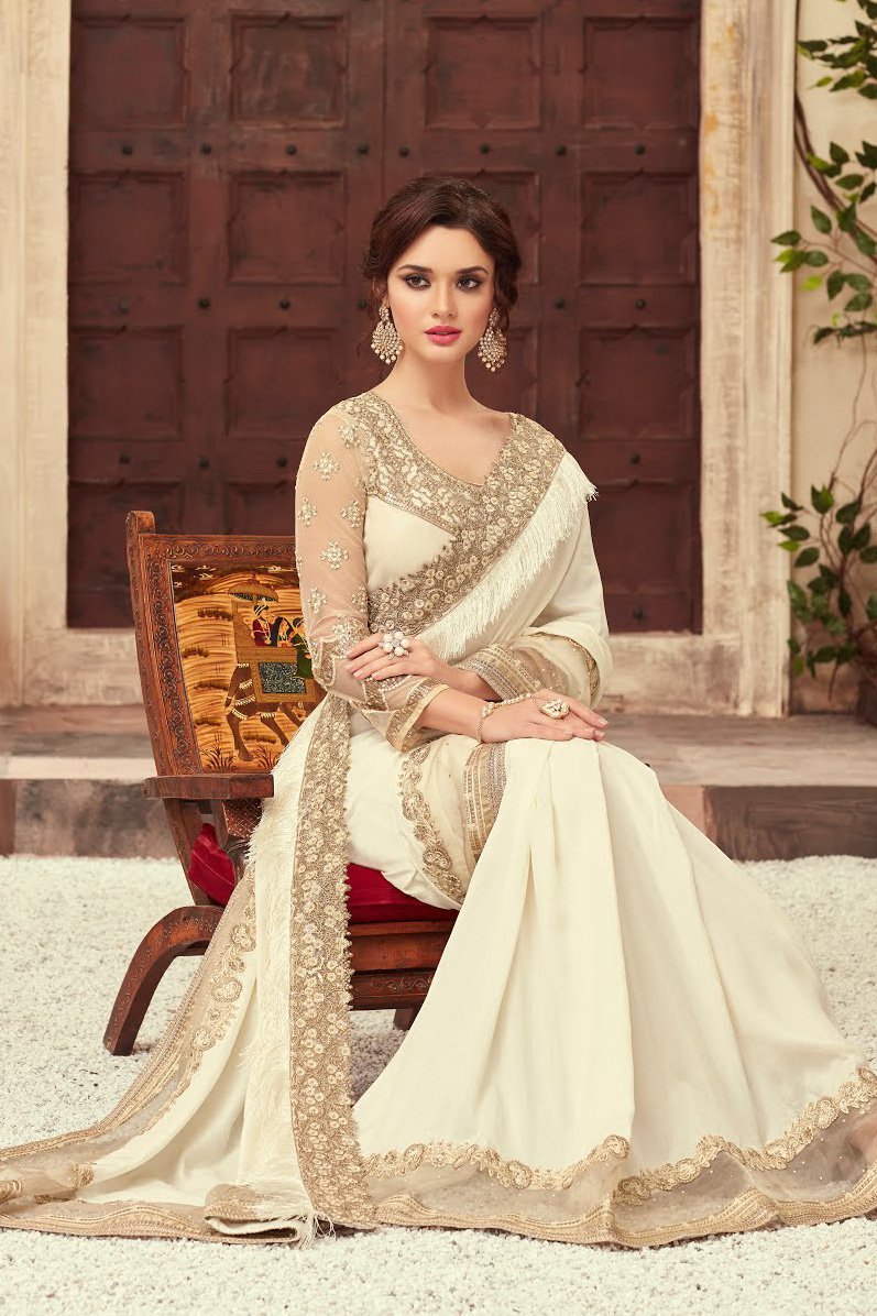 Cream Party Wear Embellished Saree