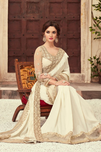 Cream Party Wear Embellished Saree