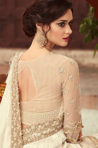 Cream Party Wear Embellished Saree