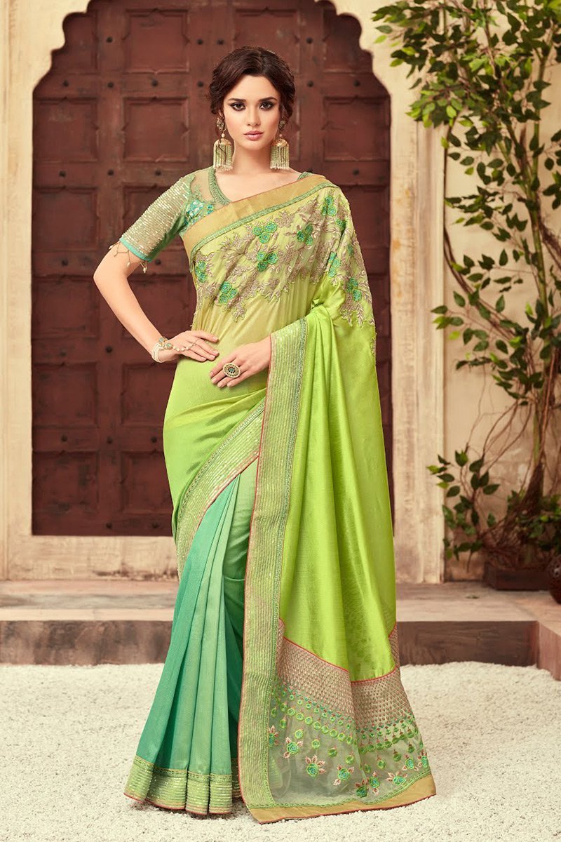Green Party Wear Embellished Saree