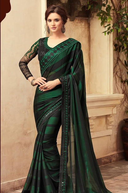Green and Black Party Wear Embellished Saree