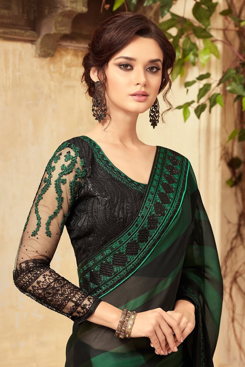 Green and Black Party Wear Embellished Saree