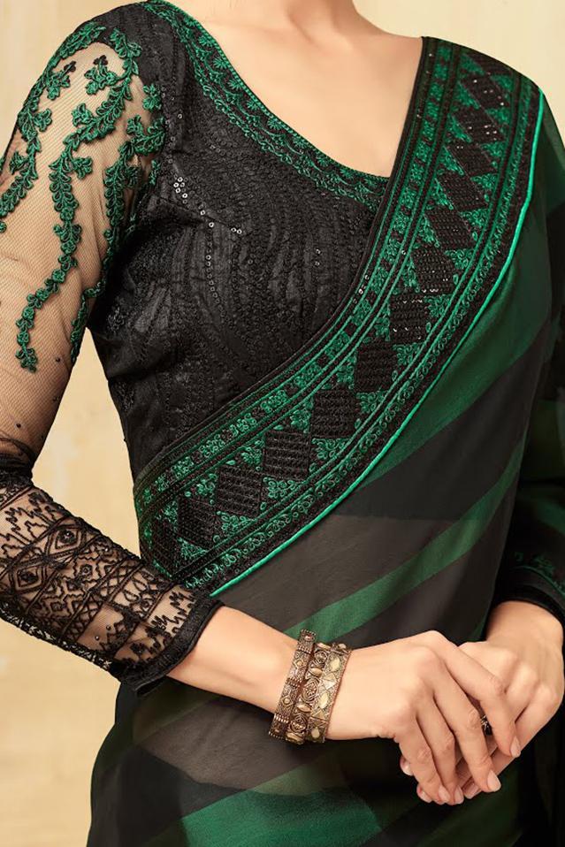 Green and Black Party Wear Embellished Saree