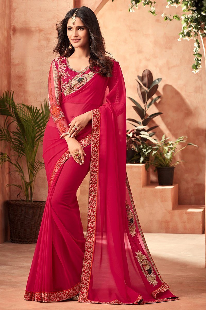 Ruby-Pink Georgette Saree With Heavy Blouse