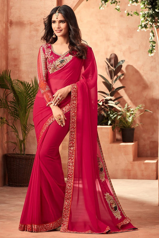 Ruby-Pink Georgette Saree With Heavy Blouse