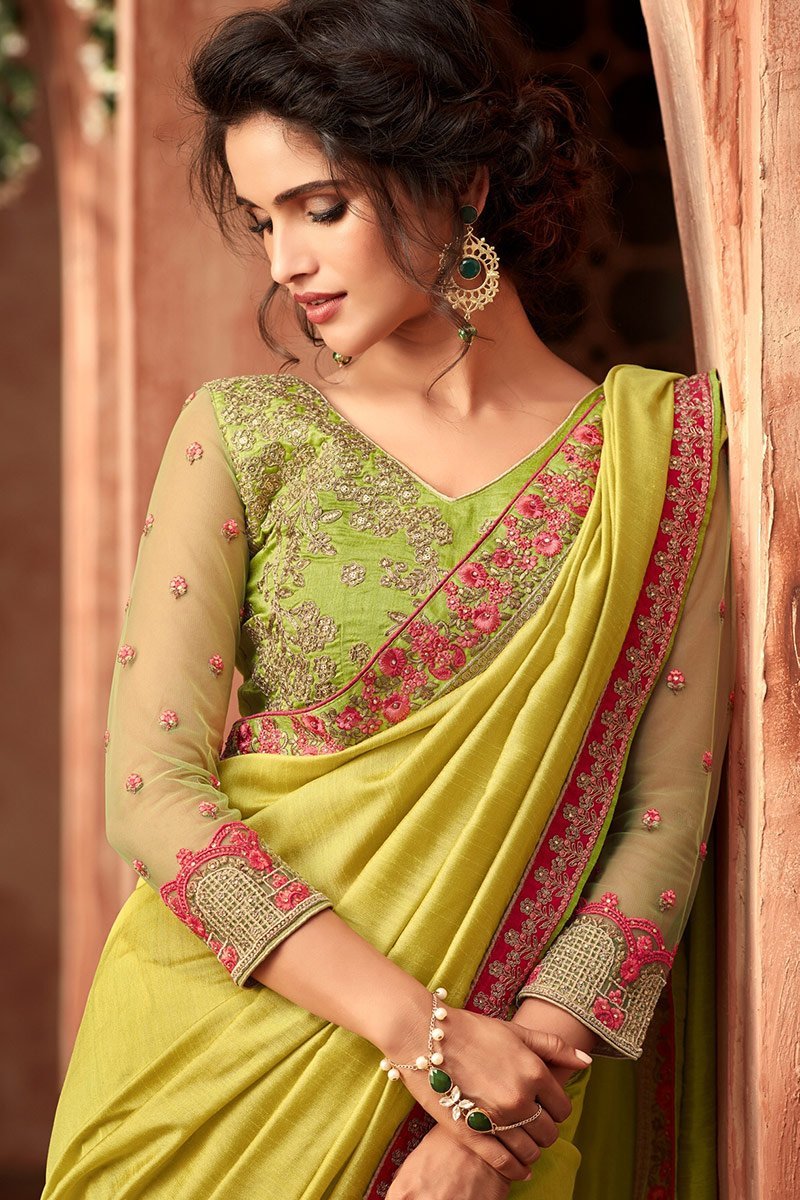 Lime-Green Monarch Saree with Heavy Blouse