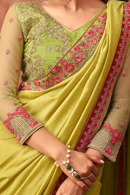 Lime-Green Monarch Saree with Heavy Blouse