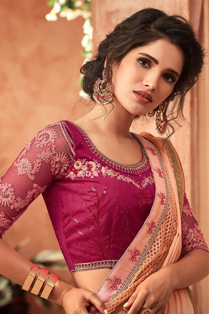Powder-Pink Glitter Georgette Saree With Magenta Blouse