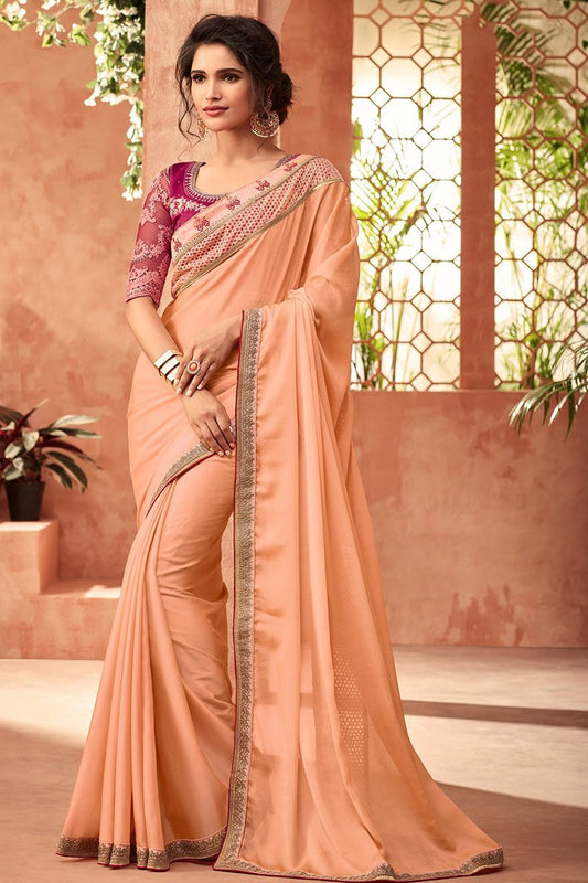 Powder-Pink Glitter Georgette Saree With Magenta Blouse