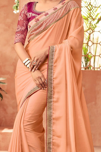 Powder-Pink Glitter Georgette Saree With Magenta Blouse