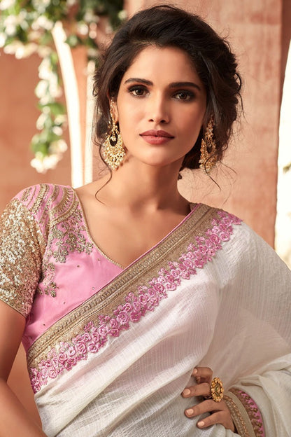 Pearl-white Super Silk Georgette with Flamingo-pink Blouse