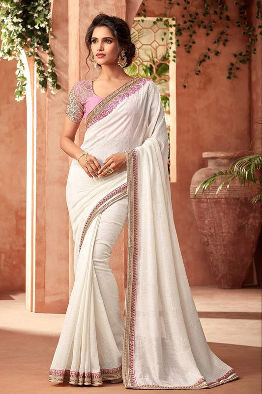 Pearl-white Super Silk Georgette with Flamingo-pink Blouse