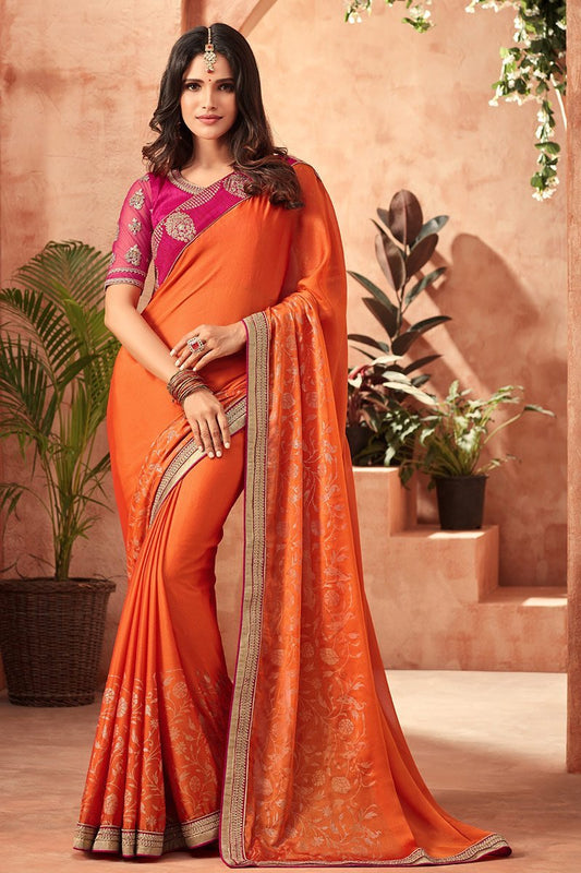 Scarlet-Orange Korian Silk Chiffon with Magenta Blouse