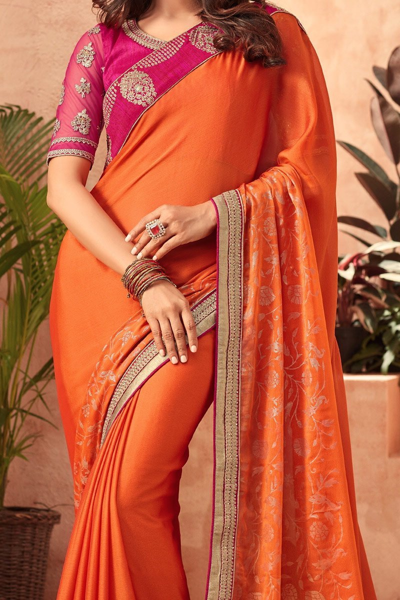 Scarlet-Orange Korian Silk Chiffon with Magenta Blouse