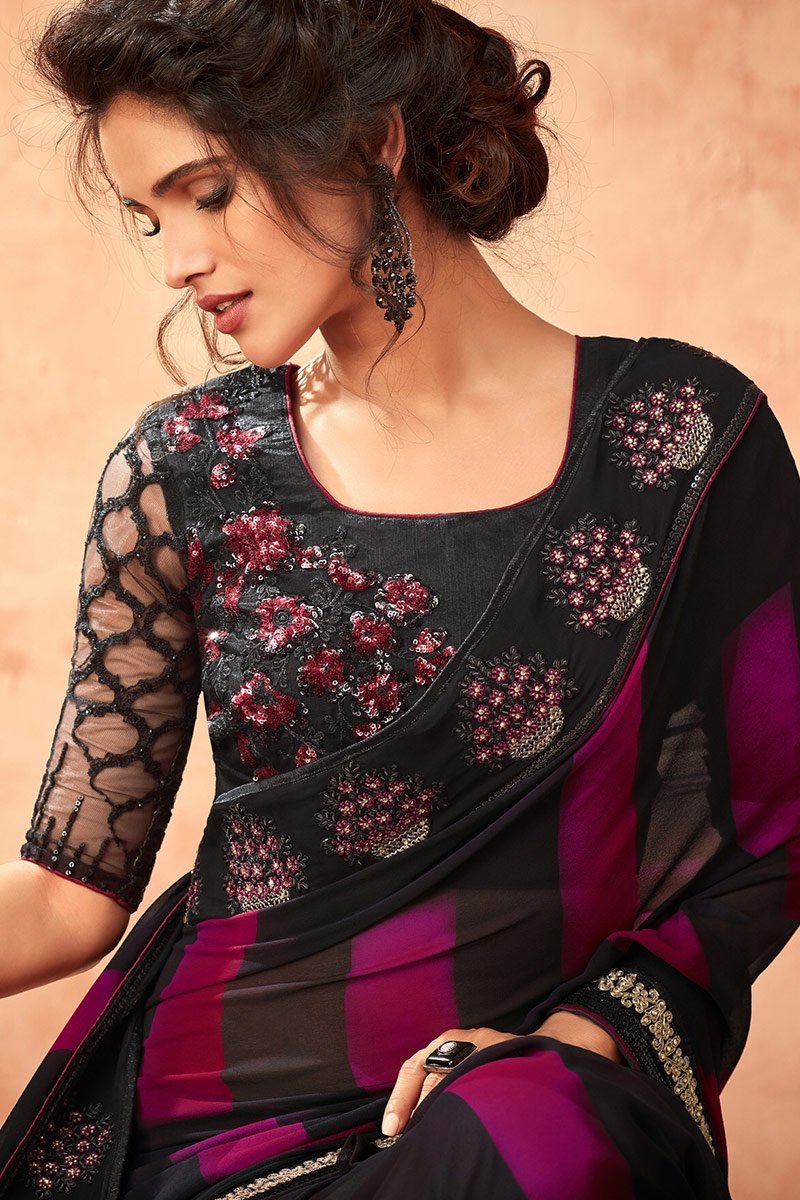 Dual Tone Milano Georgette Saree With Midnight-Black Blouse