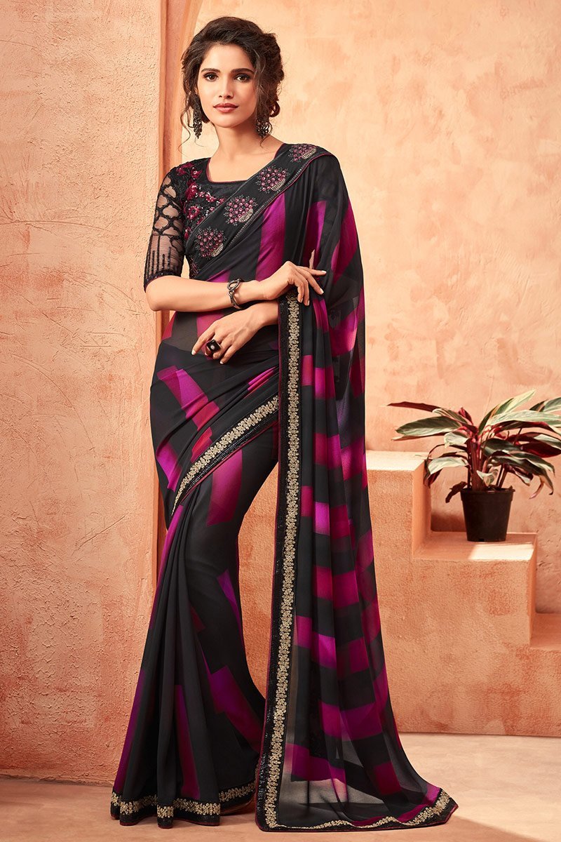 Dual Tone Milano Georgette Saree With Midnight-Black Blouse