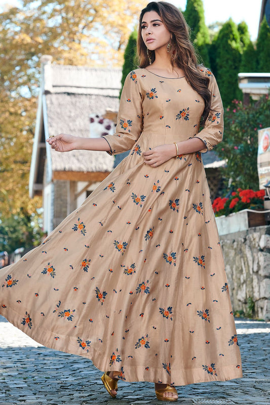 Tortilla Brown Embroidered Designer Silk Gown