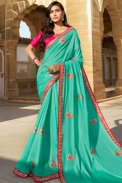 Turioques Blue and Pink Dola Silk Sari