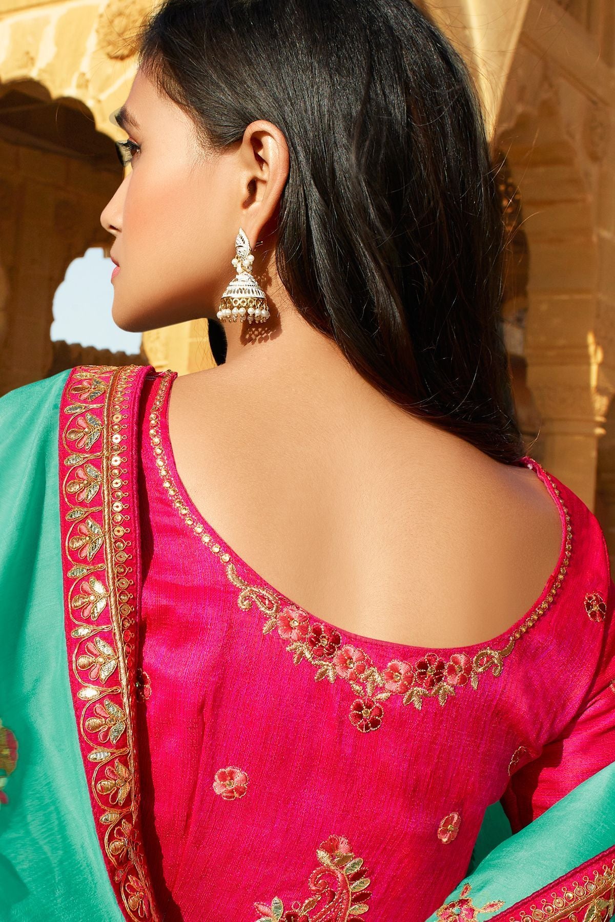 Turioques Blue and Pink Dola Silk Sari