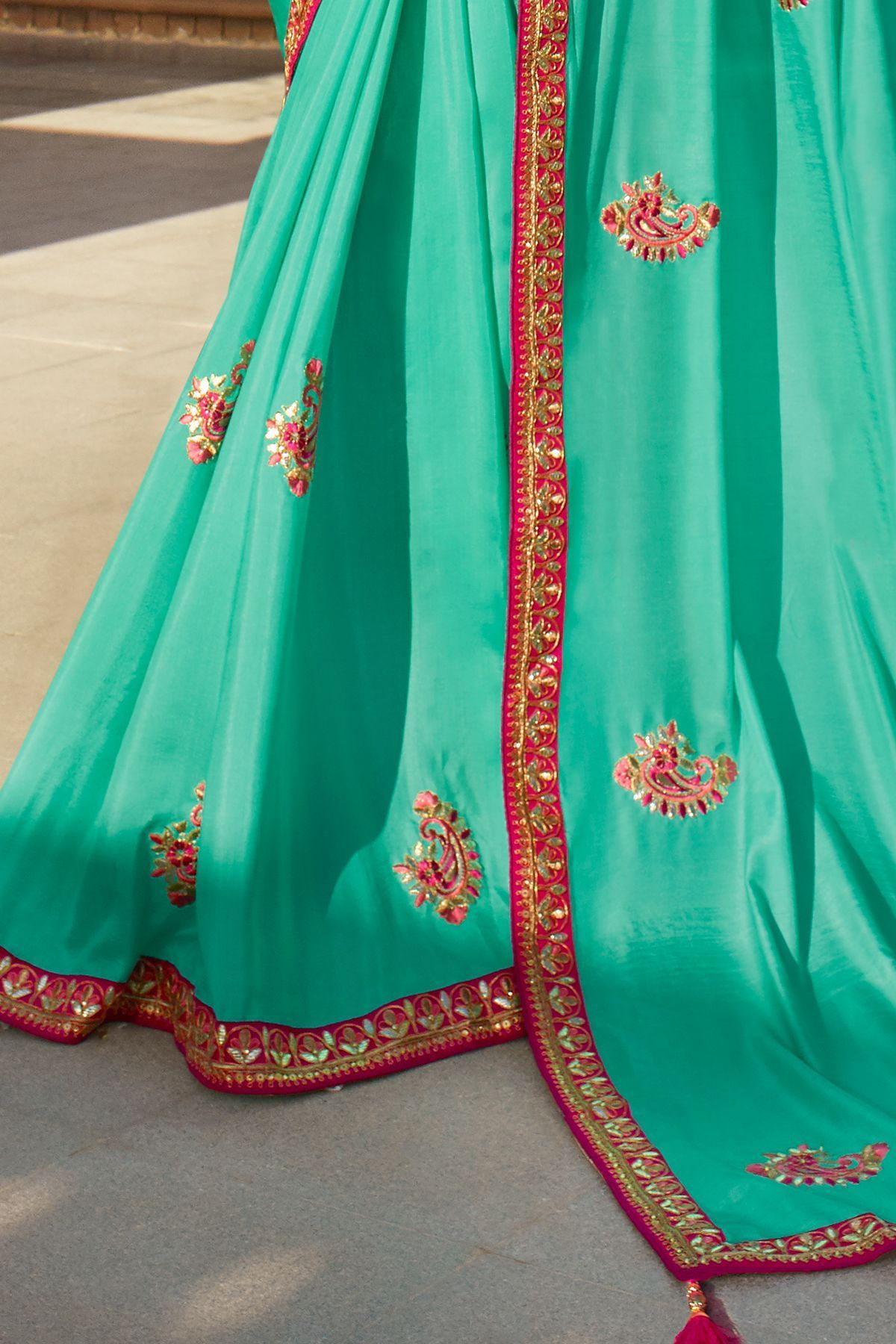 Turioques Blue and Pink Dola Silk Sari