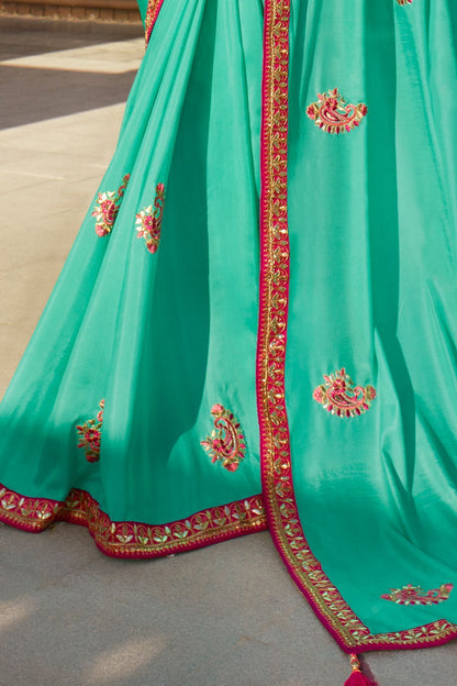 Turioques Blue and Pink Dola Silk Sari