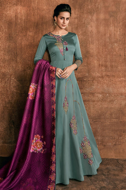 Turkish Blue Reyon Party Wear Anarkali Suit