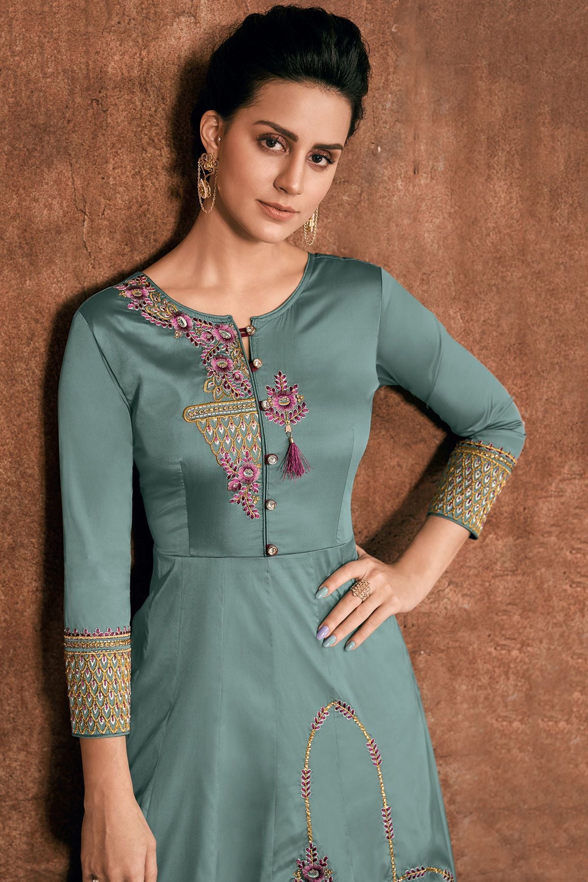 Turkish Blue Reyon Party Wear Anarkali Suit