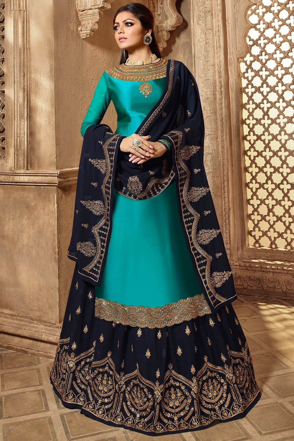 Turquoise And Blue Designer Lehenga Kurti Set